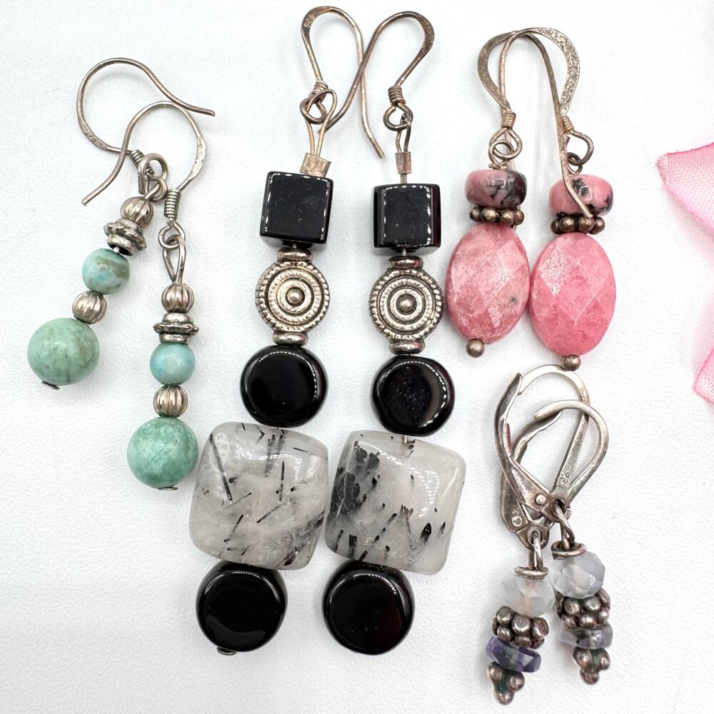 Gemstone Earring Lot 4 Pair Rutilated Quartz Some Silver Some Untested Boho